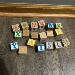 Vintage 1950s Wooden Kids Blocks 1.5” Lot of 19 Letters and Images Crafts Retro
